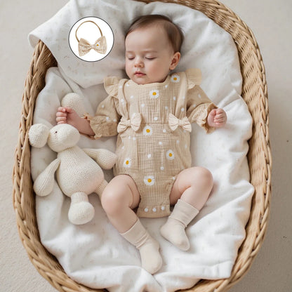 Baby Girl Fall Bubble Romper Daisy Print Long Sleeve Round Neck Bow Jumpsuit with Headband