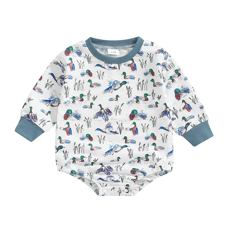 Baby Boys Fall Bodysuit Duck Print Long Sleeve Crewneck Jumpsuit Fall Spring