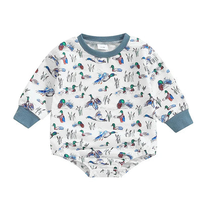 Baby Boys Fall Bodysuit Duck Print Long Sleeve Crewneck Jumpsuit Fall Spring