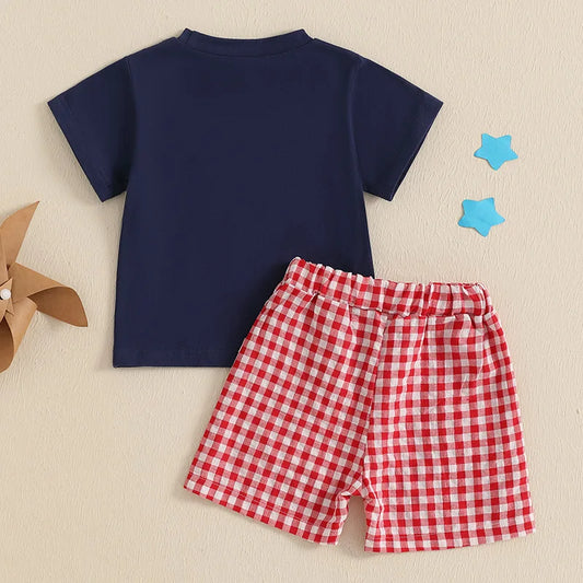 Baby Toddler Boys 2Pcs 4th of July Outfit Short Sleeve Truck/Flag Embroidery T Shirt Top + Shorts Set Clothes