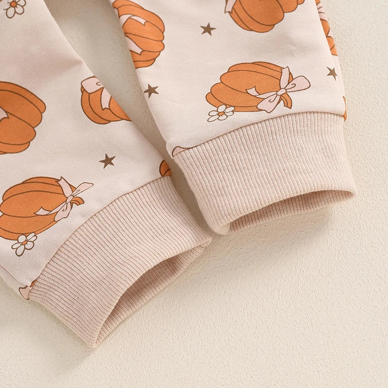 Baby Toddler Girl 2Pcs Halloween Outfit Pumpkin Print Long Sleeve Top with Elastic Waist Pants Set