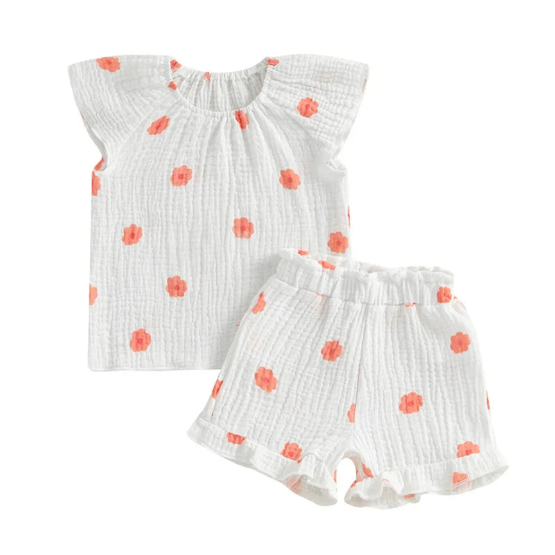 Baby Toddler Girls 2Pcs Floral Outfit Cap Sleeve T-shirt Top Elastic Waist Ruffle Shorts Summer Set