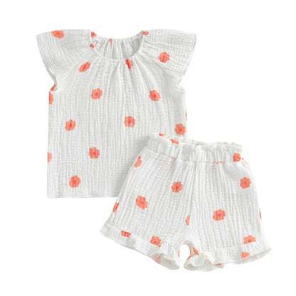 Baby Toddler Girls 2Pcs Floral Outfit Cap Sleeve T-shirt Top Elastic Waist Ruffle Shorts Summer Set