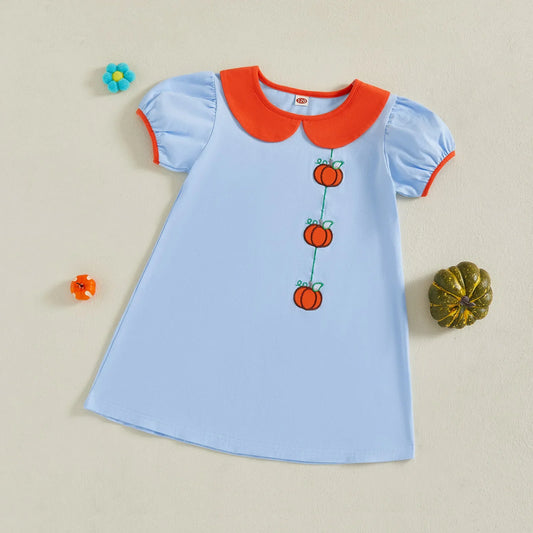 Toddler Kids Girl Halloween Dress Short Sleeve Round Neck Pumpkin Embroidery Dress Kid A-Line Dress