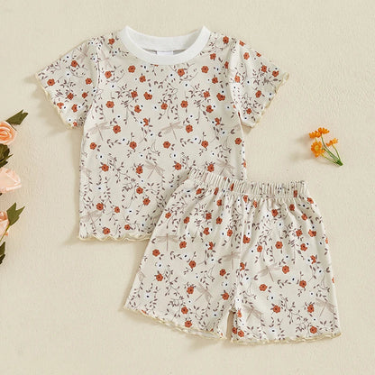 Baby Toddler Girls 2Pcs Set Floral Print Lettuce Trim Short Sleeve T-shirt Top Elastic Waist Shorts Summer Clothes Outfit