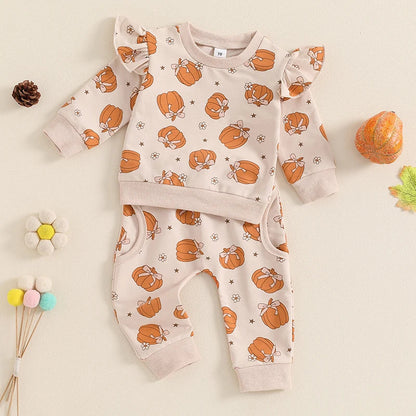 Baby Toddler Girl 2Pcs Halloween Outfit Pumpkin Print Long Sleeve Top with Elastic Waist Pants Set