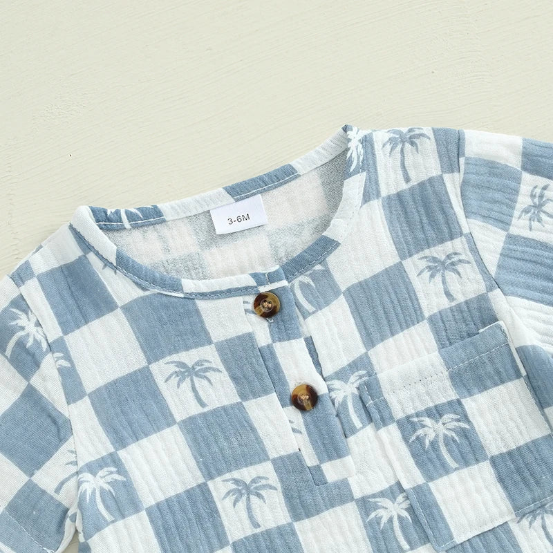 Baby Boy Romper Summer Short Sleeve Round Neck Checkered Tree Print Jumpsuit Playsuit