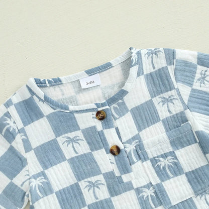 Baby Boy Romper Summer Short Sleeve Round Neck Checkered Tree Print Jumpsuit Playsuit
