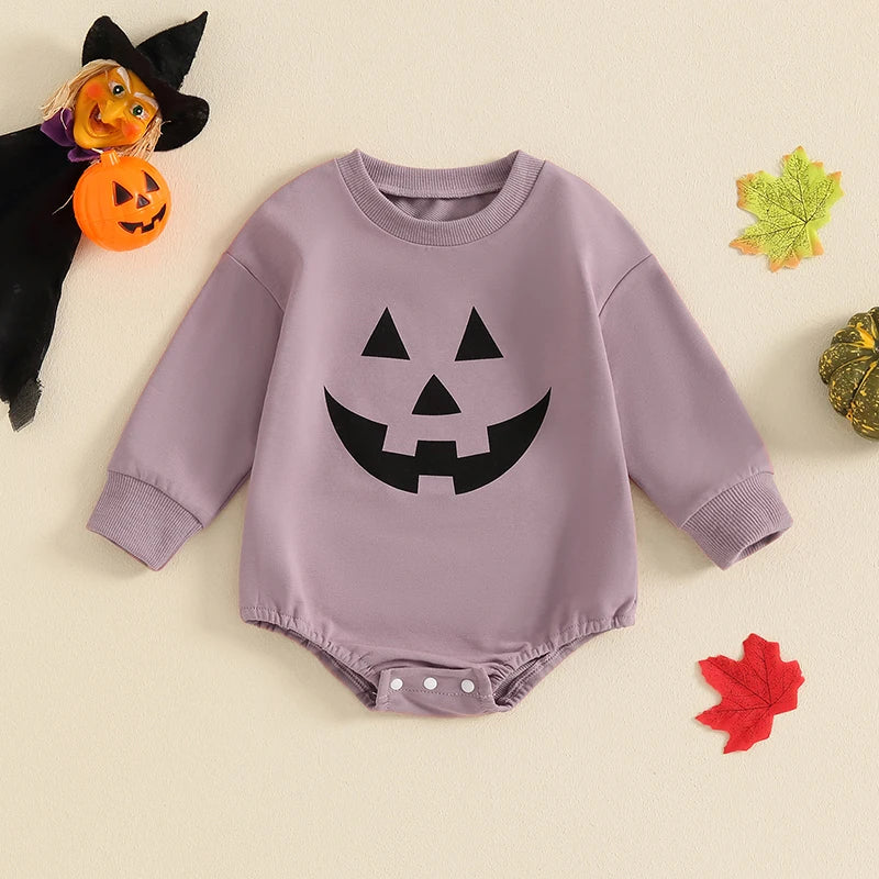 Baby Girls Boys Halloween Romper Casual Pumpkin Jack O Lantern Face Print Round Neck Long Sleeve Jumpsuit
