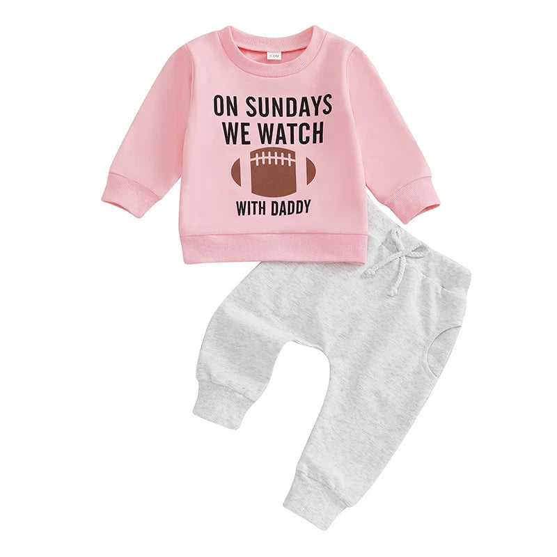 Baby Toddler Boys Girls 2Pcs Fall Outfit On Sundays We Watch Football With Daddy Letter Print Long Sleeve Top Elastic Pants Set