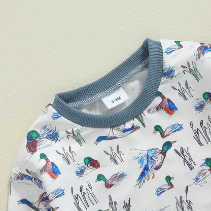 Baby Boys Fall Bodysuit Duck Print Long Sleeve Crewneck Jumpsuit Fall Spring