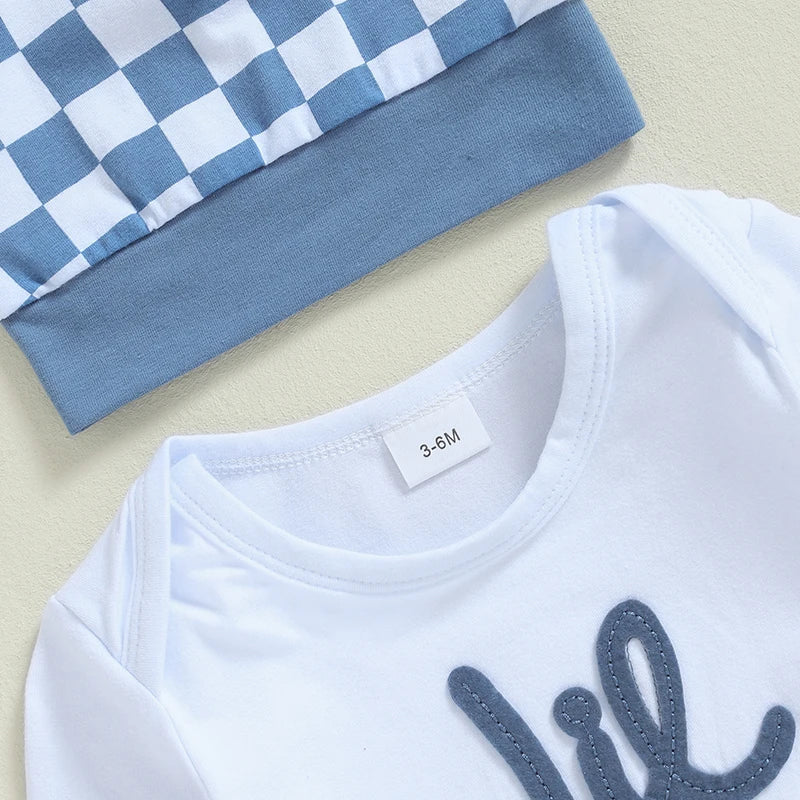 Baby Boys Girls 3Pcs Lil Bro / Sis Fall Outfit Letter Embroidery Long Sleeve Romper Checkered Print Pants Beanie Hat Set