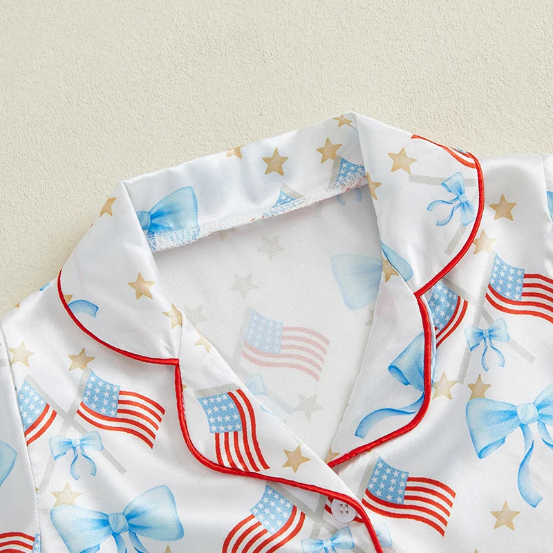 Toddler Girls Patriotic Pajamas Set Summer Star/Bow Print Button up Short Sleeves Shirt with Elastic Shorts for Loungewear