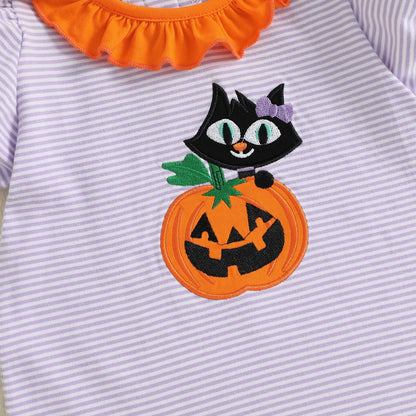 Baby Toddler Kids Girl Halloween Striped Dress Pumpkin Black Cat Embroidered Short Sleeve Ruffled Dress Cute Fall Clothes