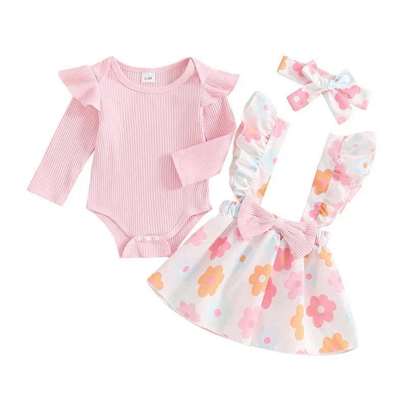 Baby Girls 3Pcs Fall Outfit Long Sleeve Ribbed Romper + Bow Suspender Flower Print Skirt + Headband Set
