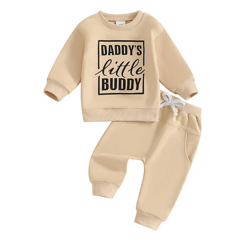 Baby Toddler Boys 2Pcs Daddy's Little Buddy Jogger Set Long Sleeve Letters Print Top with Elastic Waist Pants Outfit