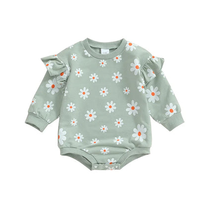 Baby Girl Bubble Romper Flower Daisy Print Round Neck Long Sleeve Jumpsuit