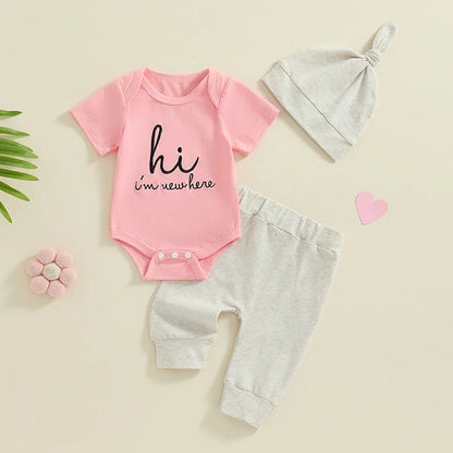 Baby Girl Boy 3Pcs Hi I'm New Here Outfit Letter Embroidery Short Sleeve Romper Elastic Waist Long Pants Hat Clothes Set