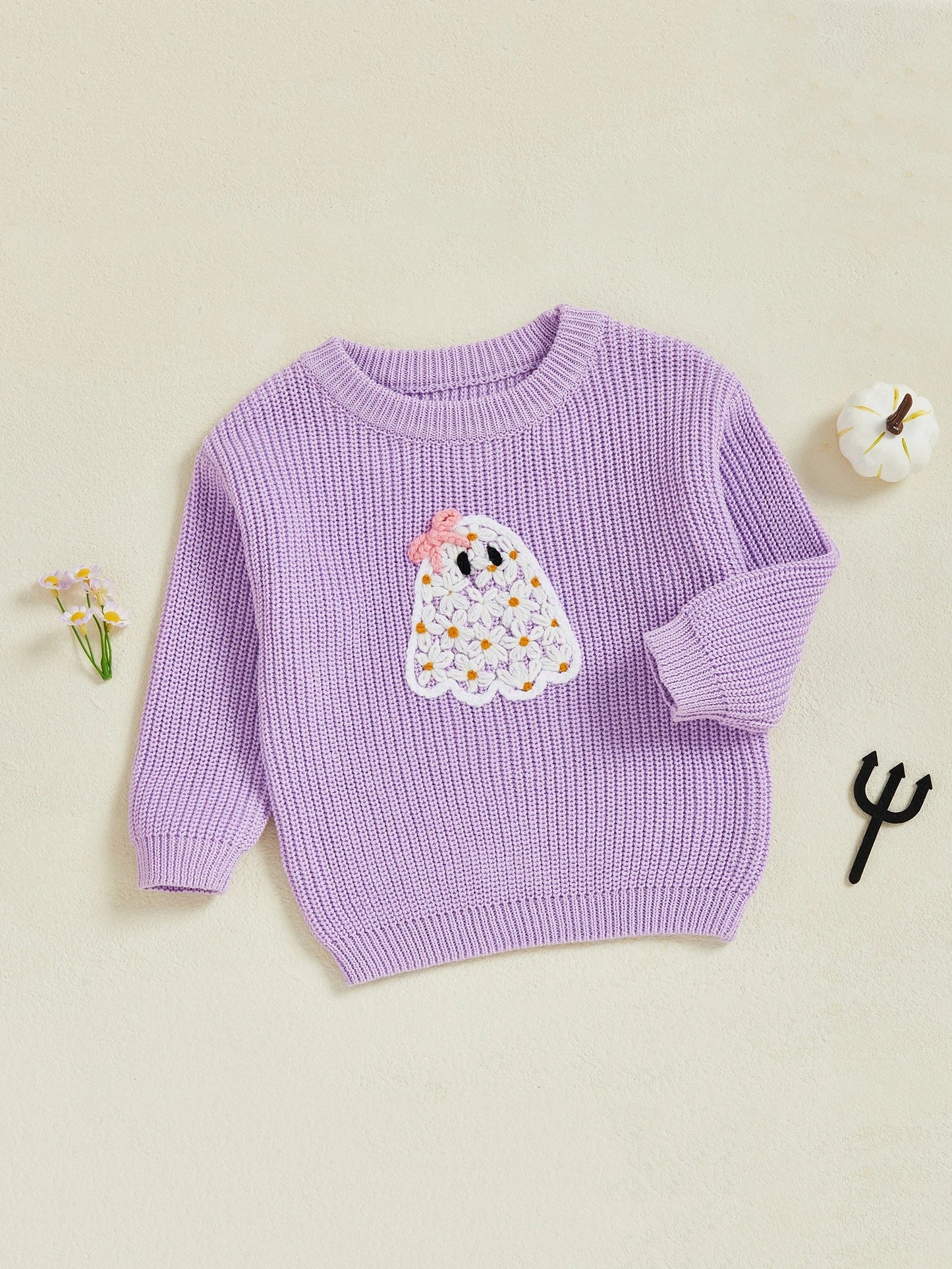 Baby Toddler Kids Girl Halloween Sweater Long Sleeve Round Neck Ghost Flower Embroidery Knit Pullover Top