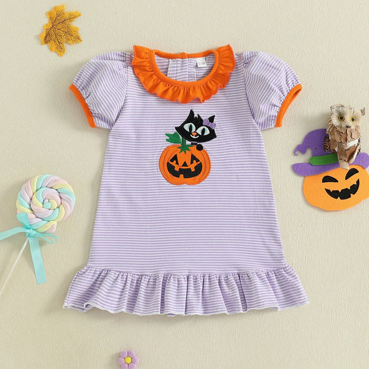 Baby Toddler Kids Girl Halloween Striped Dress Pumpkin Black Cat Embroidered Short Sleeve Ruffled Dress Cute Fall Clothes