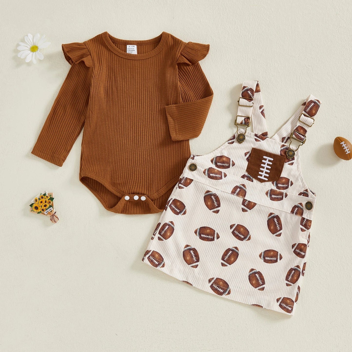 Baby Toddler Girls 2Pcs Fall Outfit Long Sleeve Romper + Football Print Overall Dress Set Clothes