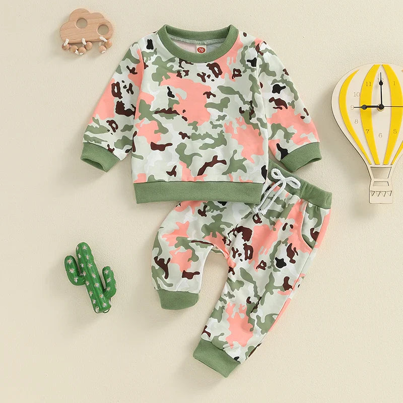 Baby Toddler Boys Girls 2Pcs Fall Clothes Camouflage Print Long Sleeve Top and Elastic Pants Outfit Set