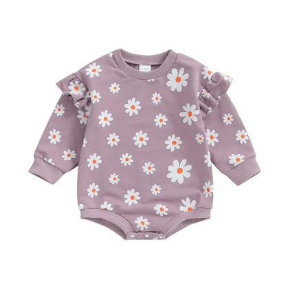 Baby Girl Bubble Romper Flower Daisy Print Round Neck Long Sleeve Jumpsuit