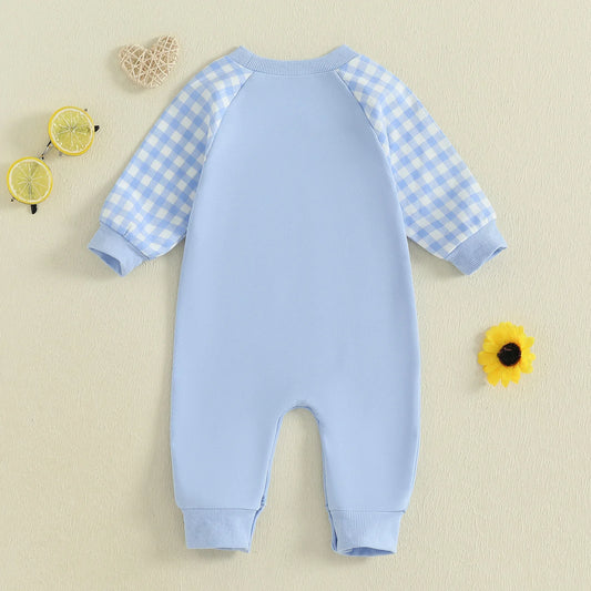 Baby Toddler Boy Lil Brother Fall Romper Plaid Print Letter Embroidery Long Sleeve Round Neck Full Length Jumpsuit