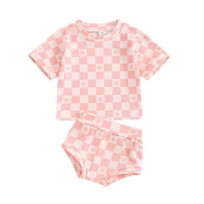 Baby Toddler Girls 2Pcs Summer Set Short Sleeve Checkerboard Flower Print Top Shorts Bloomers Outfit