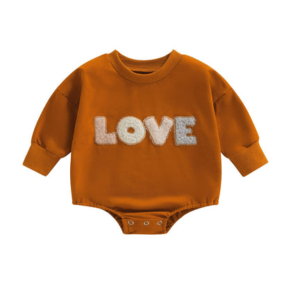 Infant Baby Girl Fall Bodysuit Fuzzy Letter Love Printed Long Sleeve Round Neck Bodysuit Bubble Romper