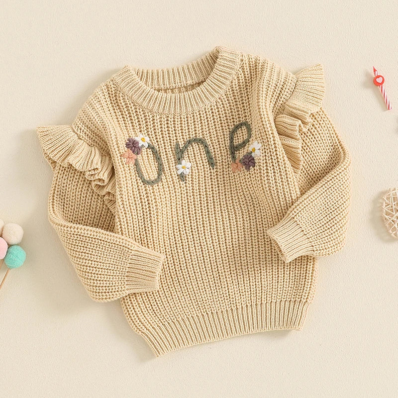 Baby Girl Birthday Sweater One Casual Floral Flowers Letter Embroidery Warm Long Sleeve Knitted Pullover Infant Knitwear Top