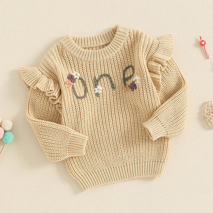 Baby Girl Birthday Sweater One Casual Floral Flowers Letter Embroidery Warm Long Sleeve Knitted Pullover Infant Knitwear Top