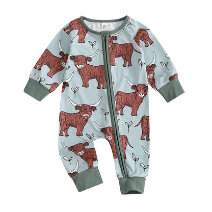 Baby Girls Boys Highland Cow Romper Print Long Sleeve Zipper Jumpsuit Fall Bodysuit