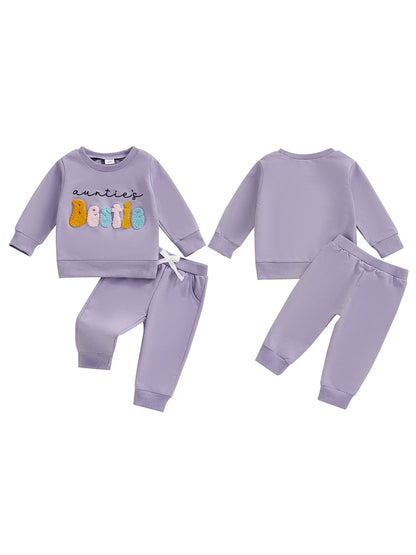 Baby Toddler Girls 2Pcs Auntie's Bestie Outfit Long Sleeve Crew Neck Embroidery Letter Top with Elastic Waist Pants Clothes Jogger Set
