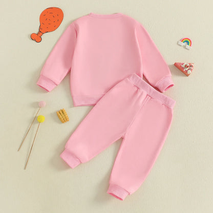Baby Toddler Girls 2Pcs Thanksgiving Outfit Long Sleeve Turkey Gobble Embroidery Top + Pants Jogger Set Clothes