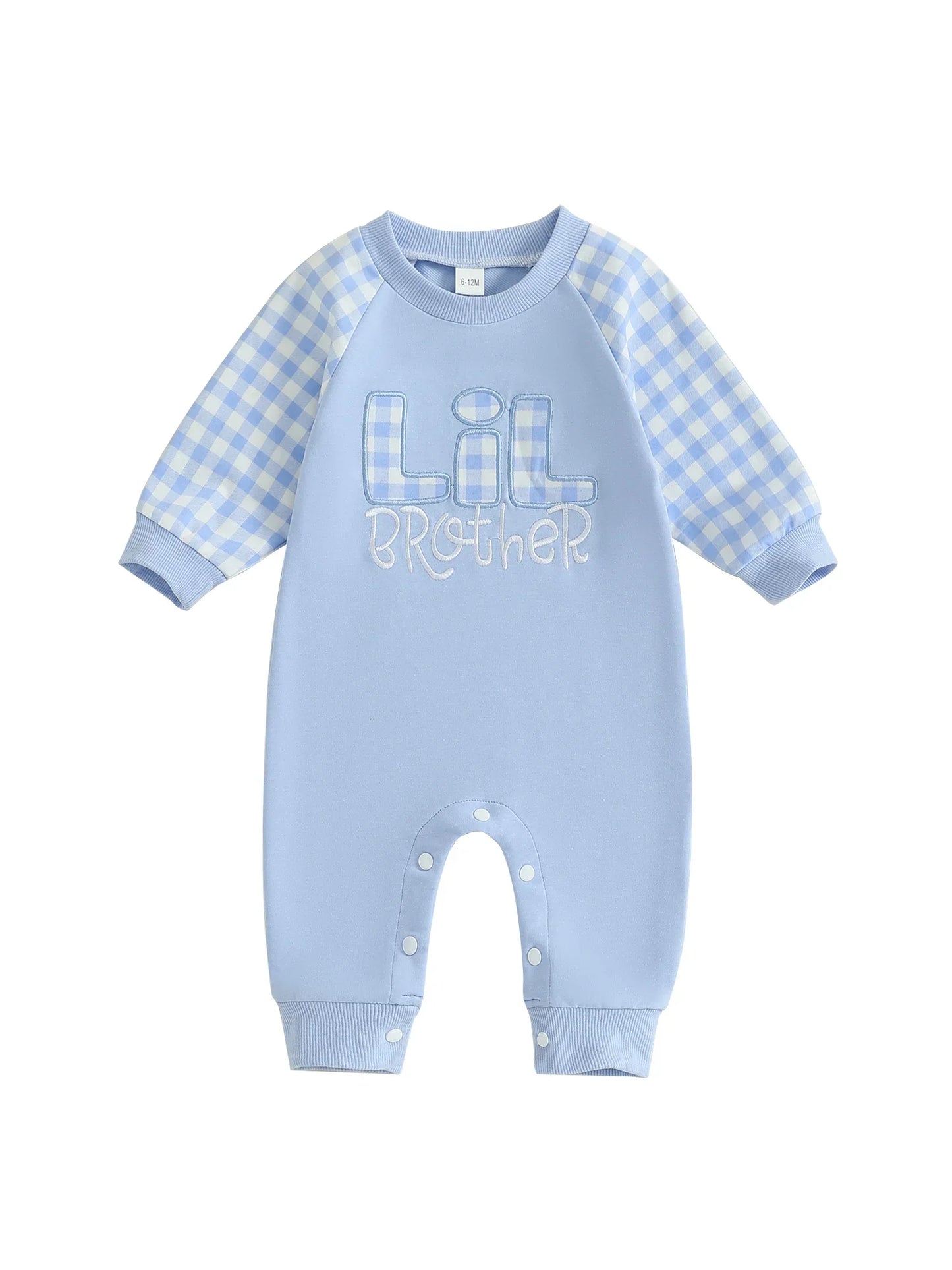 Baby Toddler Boy Lil Brother Fall Romper Plaid Print Letter Embroidery Long Sleeve Round Neck Full Length Jumpsuit