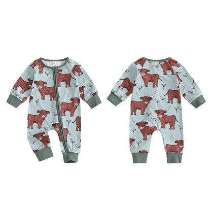 Baby Girls Boys Highland Cow Romper Print Long Sleeve Zipper Jumpsuit Fall Bodysuit