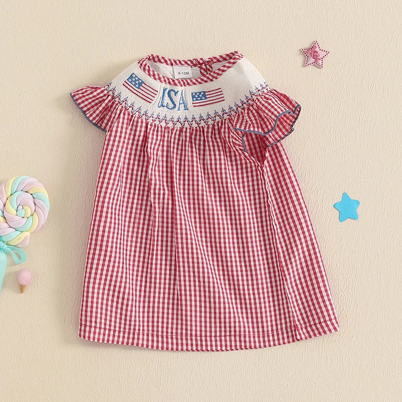 Baby Toddler Girls 4th of July Dress Loose Fit Plaid American Flag Embroidery Smocked Crew Neck Flying Sleeve Dress