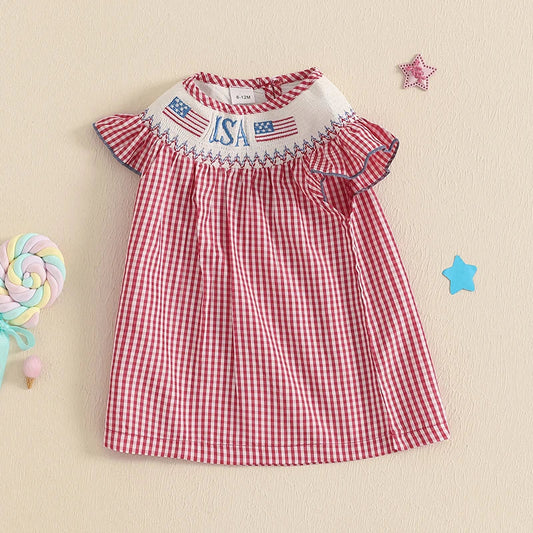 Baby Toddler Girls 4th of July Dress Loose Fit Plaid American Flag Embroidery Smocked Crew Neck Flying Sleeve Dress