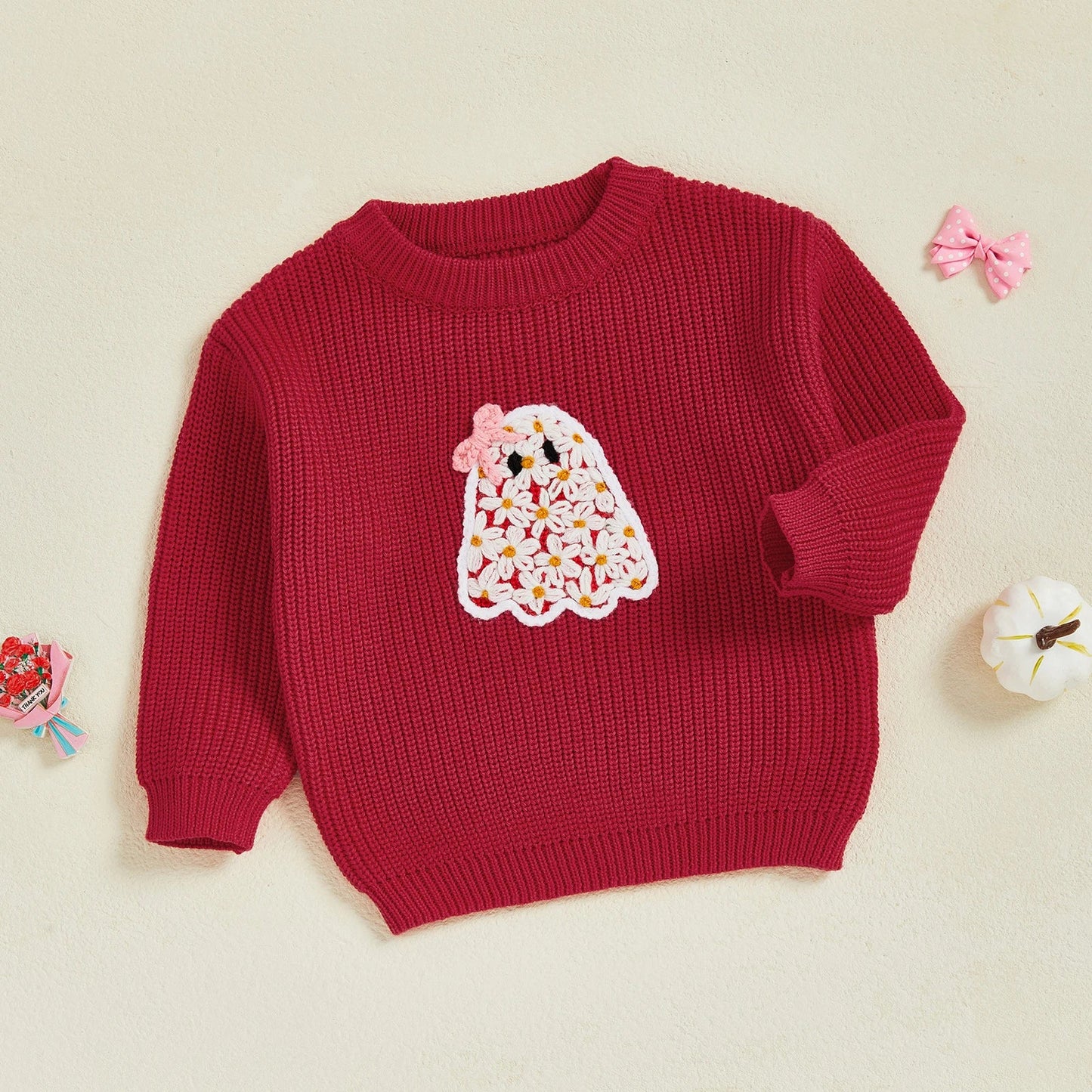 Baby Toddler Kids Girl Halloween Sweater Long Sleeve Round Neck Ghost Flower Embroidery Knit Pullover Top