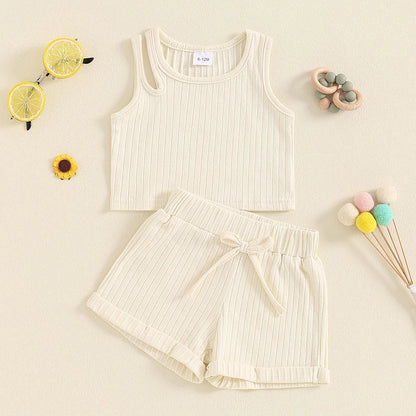 Baby Toddler Girls 2Pcs Ribbed Tank Top Elastic Waistband Drawstring Shorts Matching Outfit Set