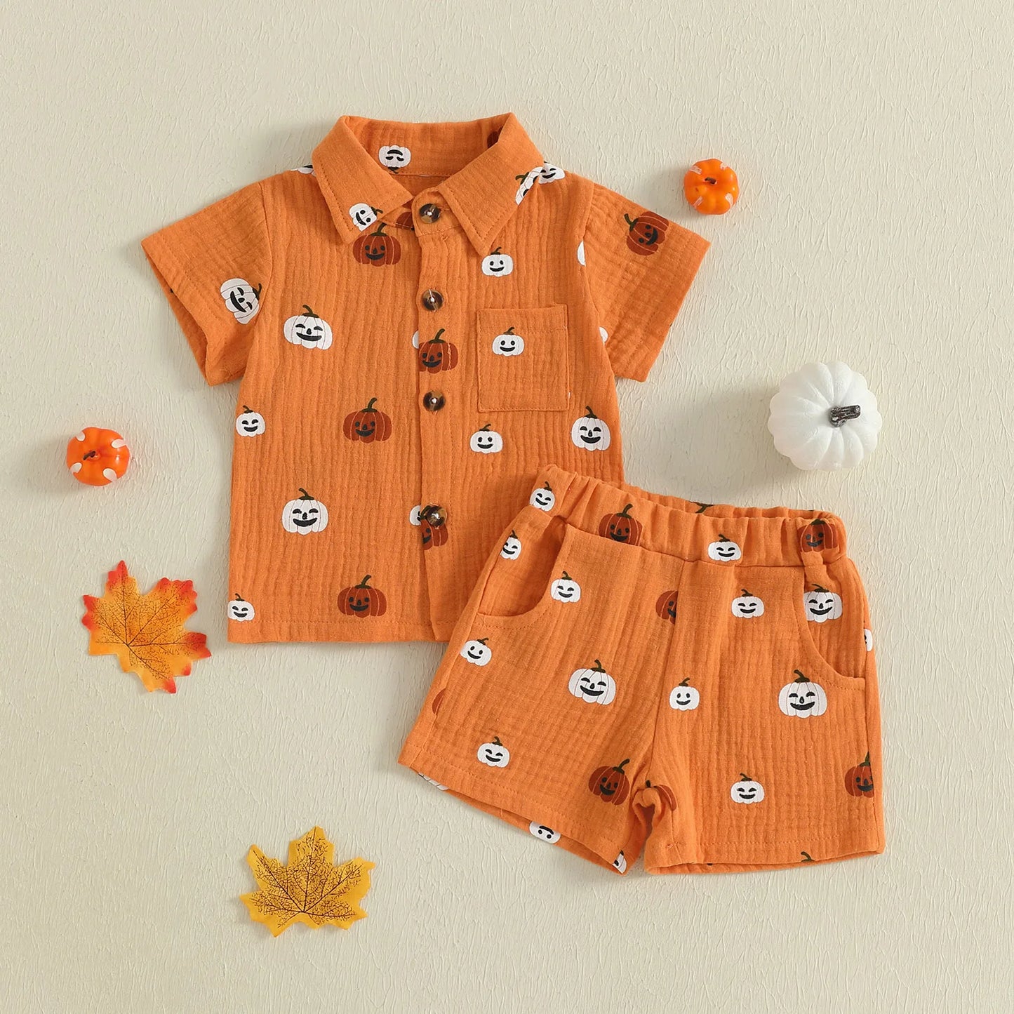 Baby Boys Halloween Outfits Pumpkin Print Button Short Sleeves T-Shirt and Elastic Shorts Set Clothes Set