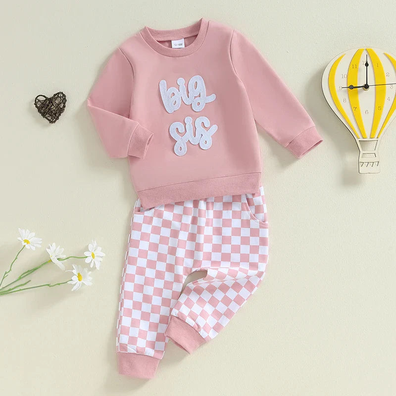 Baby Toddler Kids 2Pcs Big Sis / Bro Fall Outfit Long Sleeve Letter Embroidery Pullover + Checkered Pants Set