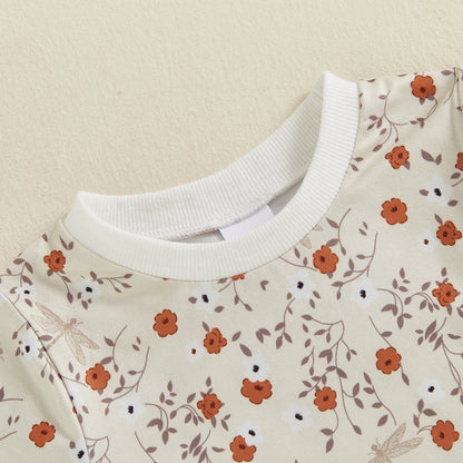 Baby Toddler Girls 2Pcs Set Floral Print Lettuce Trim Short Sleeve T-shirt Top Elastic Waist Shorts Summer Clothes Outfit