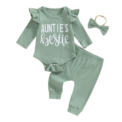 Baby Girls 3Pcs Auntie's Bestie Ribbed Letter Print Long Sleeve Round Neck Ruffled Romper Pants Hair Band Outfit Set