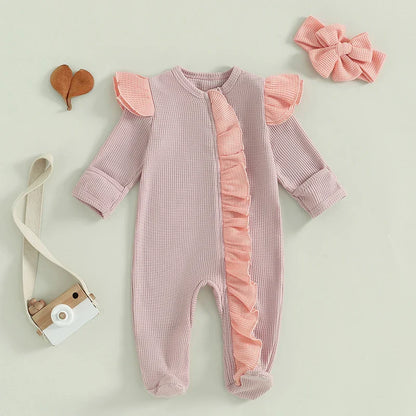 Baby Girls 2Pcs Outfit Long Sleeve Crew Neck Frills Zipper Romper Contrast Color Footies and Headband Set