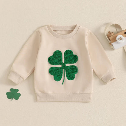 Baby Toddler Girl Boy St. Patrick's Day Casual Four Leaf Clover Shamrock Embroidery Long Sleeve Crewneck Top