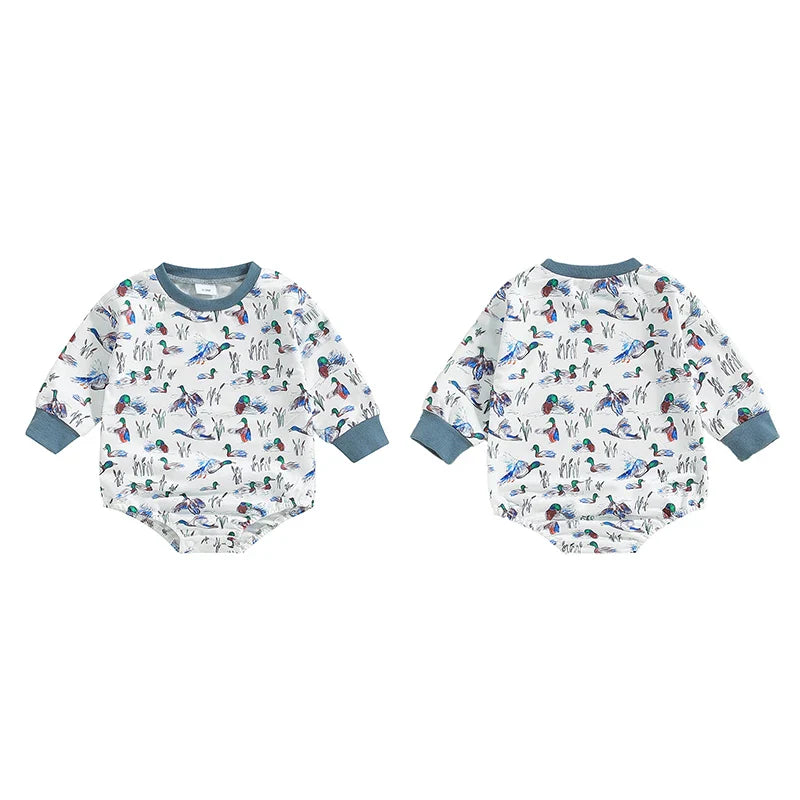Baby Boys Fall Bodysuit Duck Print Long Sleeve Crewneck Jumpsuit Fall Spring