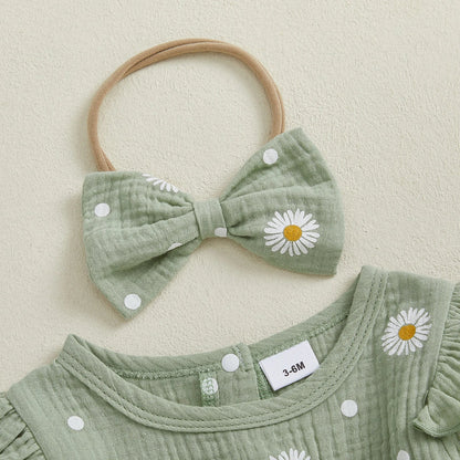 Baby Girl Fall Bubble Romper Daisy Print Long Sleeve Round Neck Bow Jumpsuit with Headband