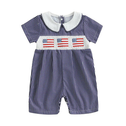 Baby Girl 4th of July Romper Smocked Plaid Pattern American Flag Embroidery Ruffled Doll Collar Short Sleeve Jumpsuit